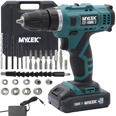 Image of MYLEK Cordless Drill Driver 21V, 2 Speed Fast Charge Combi and Screwdriver Kit, Li ion Battery, Variable Speed, Lightweight, Work Light, Carry Case with 29 Piece Accessory Bits