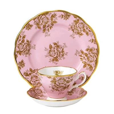 Image of Royal Albert 100 Years 40017590 1960 Golden Rose Teacup, Saucer, Plate 20cm, 3 Piece Set, Pink, Bone China