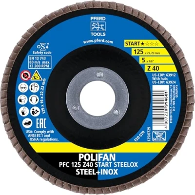 Image of PFERD Polifan Serrated Washer, Pack of 10, PFC 125 x 22.23 mm Conical Z40 Start Line Steelox 69300934 for Steel, Stainless Steel (INOX)