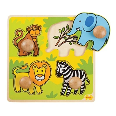 Image of Bigjigs Toys Wooden Peg Puzzle Safari Quality for 1 Year Old, Fine Motor Skills Babies &amp; Toddlers, First Animal Jigsaw
