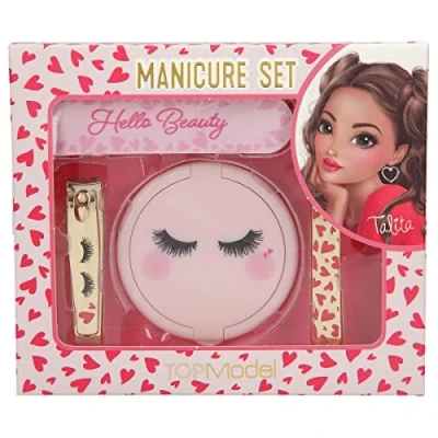 Image of Depesche 11870 0011870 TOPModel Beauty Girl Manicure Packed in a Box with Heart Pattern and Sleeping Eyes, Set Mirror, File, Nail Clippers Tweezers, Multicoloured