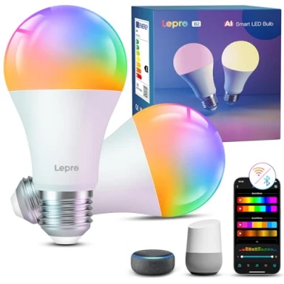 Image of Lepro B2 AI Smart Bulb E27, 1100LM Music Sync Bluetooth &amp; WiFi Bulb, Voice Control Screw Light Bulbs, Lighting Design Assistant, Colour Changing Work with Alexa Google 2 Packs