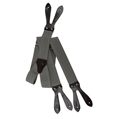 Image of Olata Button Down Formal Dress Suspenders/Braces with Dark Brown Leather, 3.5cm Light Grey