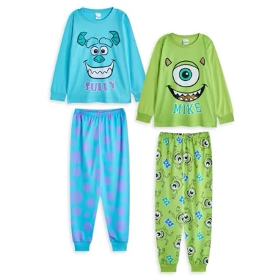 Image of Disney Monsters Inc Boys Pyjama Set Pack of 2 Kids Sully &amp; Mike Graphic Long Sleeve Top Leg PJ Bottoms in Blue Green Childrens Character All Over Print Nightwear Movie Merchandise Gift