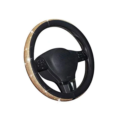 Image of TOYOUN Bling Steering Wheel Cover for Women, PU Leather Car Covers with Crystal Rhinestones Universal Fit 14.5 to 15 Standard Size Glitter Accessories Girls Ladies, Gold