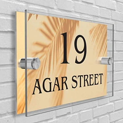 Image of Personalised House Number Plaque in Rectangle shape Glass Effect Acrylic Sign Door Plate Wall Display Premium Quality 2 Part Choose Your Own Design &amp; Font (Brown Leaf)