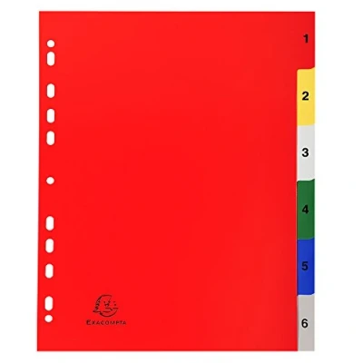 Image of Exacompta Ref 2506E PP Printed Indices For Use With A4+ Documents, 0.1mm Polypropylene, Pre Punched, Soft &amp; Tear Resistant 6 Divider Parts (1 6) White Coloured Tabs