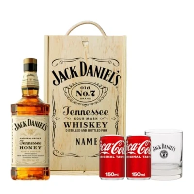 Image of Personalised Jack Daniels Tennessee Honey Whiskey Gift Set with JD Glass &amp; Fever Alcohol Gifts for Him, Birthday Men, Mens Valentines Gifts, Boyfriend Him