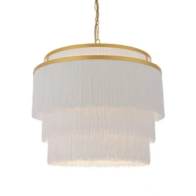 Image of Merano Varese 3 Light Ceiling Pendant Lamp in Matt Gold Paint with White Tassels 10W Dimmable E27 Indoor Modern Hanging Lighting 50 cm Diameter