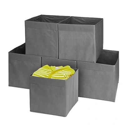 Image of MATANA 6 Storage Boxes (Foldable) Fabric Cube Canvas Unit for Baby Clothes, Home and Wardrobe Organisers Grey, 33cm x 37cm