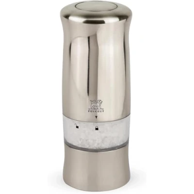 Image of Peugeot Zeli Electric Mill Salt Grinder, Battery Powered LED Light, Brushed Stainless Steel &amp; Acrylic, 14 cm