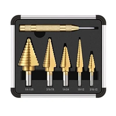 Image of HSS Titanium Step Drill Bits with Automotive Center Punch, 50 Sizes High Speed Steel Bit Set for Sheet Metal Aluminum Case (5PCS + 1PC Punch)