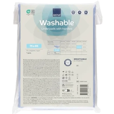 Image of Abena Washable Incontinence Bed Pads with Handles 1 Pad 85x75cm Sheets in A Light Blue Colour. Polyester/Rayon and TPU Protectors.