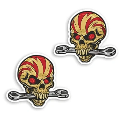 Image of 2 x 10cm Mechanic Skull Vinyl Stickers Biker Tattoo Horror Sticker #29827