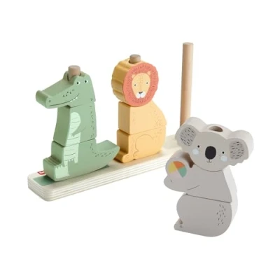 Image of Fisher Price Baby &amp; Toddler Toy Wooden Stack Sort Animals, 10 Wood Pieces for Developmental Play Ages 1+ Years, HXV04