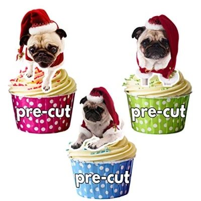 Image of AK Giftshop Pugs in Santa Hats 12 Christmas Cup Cake Toppers Edible Stand Up Decorations