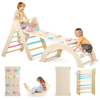 Image of Lischwert 5 in 1 Rainbow Triangle Climbing Frame for Toddlers, Foldable Wooden Indoor Set with Ramp and Arch, Montessori Climber Toys Play Gym Kids