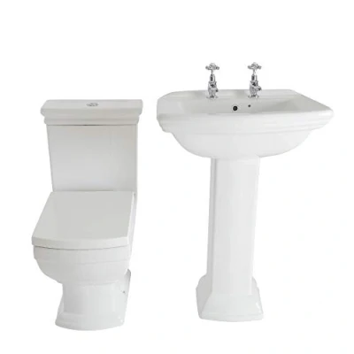 Image of Milano Sandringham Traditional Close Coupled Toilet WC Full Pedestal Bathroom Basin Sink 2 Tap Hole