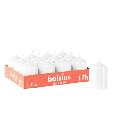 Image of Bolsius Smooth Pillar Candles White Pack of 12 8 x 6 cm Decorative Household Burn Time 17 Hours Unscented Contains Natural Plant Wax Without Palm Oil