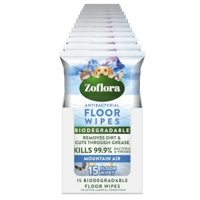 Image of Zoflora Mountain Air Biodegradable Floor Wipes, Antibacterial Cleaning Kills 99,9% of Bacteria &amp; Viruses, Convenient, Quick Cleaning, 12 Pack, 15 Wipes per Pack (180 Sheets)