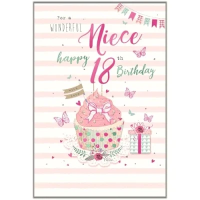 Image of Niece 18th Birthday Card Age 18 Special Finishes Modern Cupcake and Butterfly Design Illustrated Insert Leaf Made in the UK