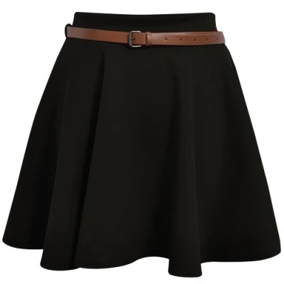 Image of Skater Belted Stretch Waist Plain Flippy Flared Short Skirt Black Womens Size 12