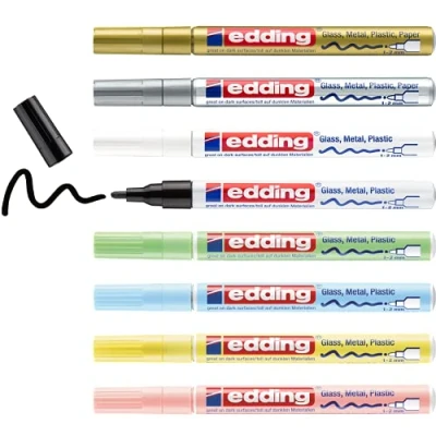 Image of edding 751 gloss paint marker set multi coloured metallic, pastel 8 pens round nib 1 2 mm pen for glass, pebbles, wood, plastic, paper waterproof, high coverage