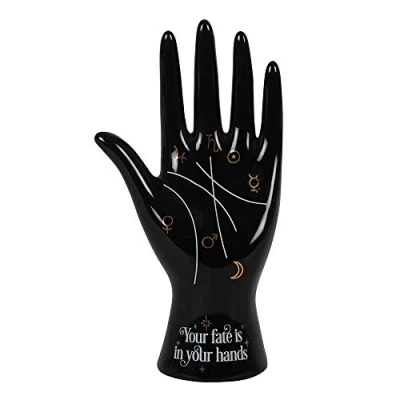 Image of Modern Black Ceramic Palmistry Hand Ornament 20cm x 10cm (1 Pc.) Metallic Gold Astrology Symbols Perfect for Holding Accessories
