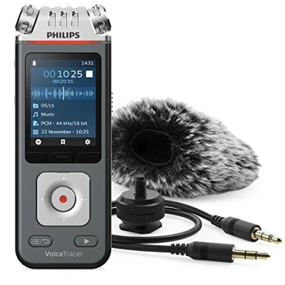 Image of Philips Voice Tracer Audio Recorder DVT7110/00 Digital Notes Three Fidelity Microphone Rechargeable Battery Smartphone App with Windscreen Muff and tripod mount