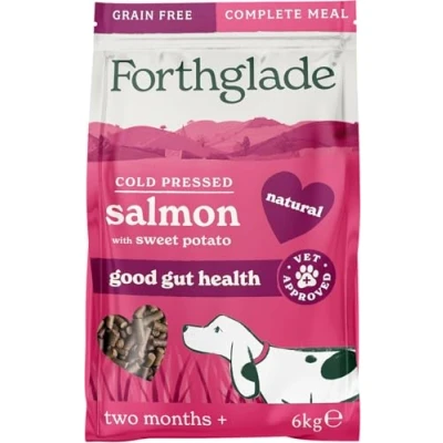 Image of Forthglade Dry Dog Food, Cold Pressed, (6kg Resealable Bag), Salmon with Vegetables, Hypoallergenic Grain Free Complete Meal, Natural Puppy, Adult and Senior Food For Good Gut Health