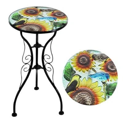 Image of Iron/Glass Round Mosaic Design Side Table Garden Outdoor Patio Flower Plant Stand (Sunflower)