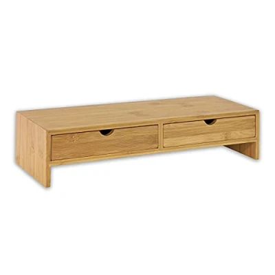 Image of OSCO Bamboo Monitor Stand 2 Large Deep Drawers Computer Screen Riser Printer Laptop Plinth Keyboard Storage Desktop Shelf Fully Assembled H11 x W47 D18 cm