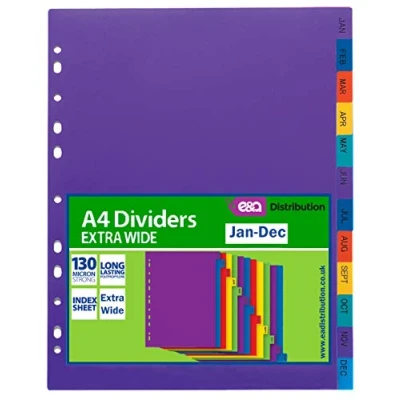 Image of A4 File Dividers Plastic Coloured Tabs Subject Filing Numbered A Z Extra Wide (A4 Jan Dec Dividers)