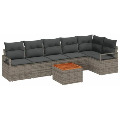 Image of vidaXL 7 Piece Garden Sofa Set with Cushions Grey Poly Rattan Acacia