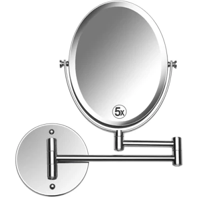 Image of MIRRORVANA Extending Wall Mounted Bathroom Mirror for Shaving and Makeup Double Sided 5X / 1X Magnification with 360 Rotation 33cm Extendable Swivel Arm, Oval 17x22cm (Polished Chrome)