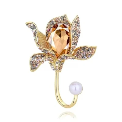 Image of Gold Orchid Brooch Women&#039;s Crystal Pearl Flower Brooches Elegant Enamel Rhinestone Floral Statement Pins Fashion Jewelry Accessories for Women Girl Gift Neckerchief Shawl