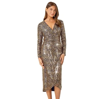 Image of Roman Womens Sequin Wrap Midi Stretch Dress Navy Size 20 UK