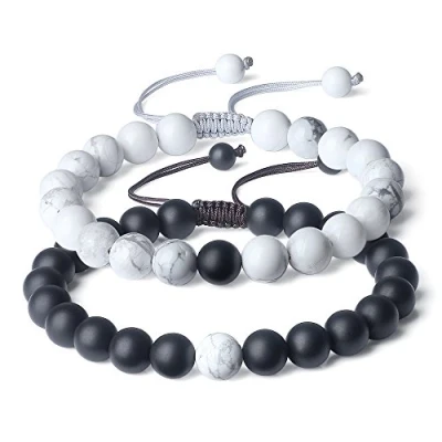 Image of COAI Semi Precious Stones Onyx Howlite Yin Yang Mala Beads Relationship Bracelets