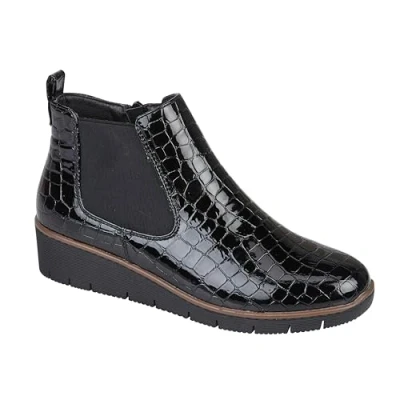 Image of Jo &amp; Joe Ladies Croc Patent Chelsea Wedge Ankle Boot With Side Gusset, Inside Zip For Ease Of Wear Warm Fur Lining. Sizes 4 8 (Black, UK Footwear Size System, Adult, Women, Numeric, Medium, 4)