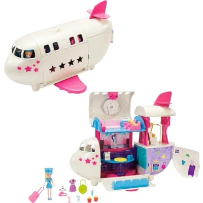 Image of Polly Pocket Travel Toy Playset with 3 inch Doll &amp; Accessories, Transforming Fabulous Flying Jet Airplane