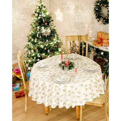 Image of Emma Barclay Reindeer Metallic Woven Jacquard Chrismas Table Cloth in Cream Gold 70&quot; (178cm) Round