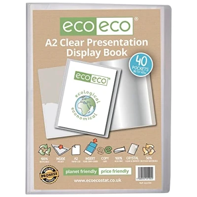 Image of eco A2 Size 50% Recycled 40 Pocket Clear Presentation Display Book, Storage Case Portfolio Art Folder with Plastic Sleeves, eco104