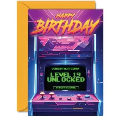 Image of 19th Gamer Birthday Cards for Men Women Level 19 Unlocked Happy Card Son Daughter Brother Sister Friend, 5x7 Inch Nineteen Nineteenth Bday Video Game Greeting
