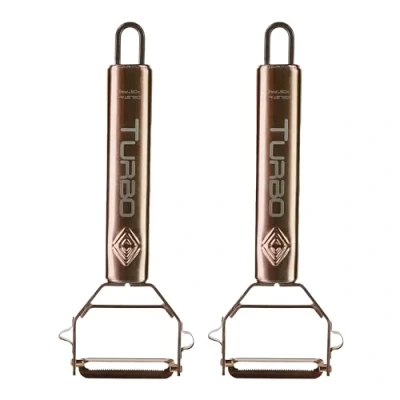 Image of Turbo PRODUKTE Peeler Stainless Steel Rose Gold for Fruit and Vegetables Forward Reverse with Pendulum Blade Left Right Handed Users Pack of 2, TSRG001 2