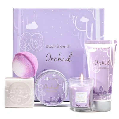 Image of Body &amp; EARTH Luxury Gifts for Women, 5 Pcs Orchid Bath Spa Gift Set Includes Scented Candle, Butter, Hand Cream, Pregnant Birthday Sets her,Christmas