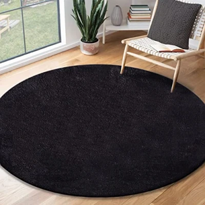 Image of the carpet Relax Modern Fluffy Short Pile Rug, Non Slip Underside, Washable up to 30 Degrees, Super Soft, Fur Look, Black, 200 x cm Round
