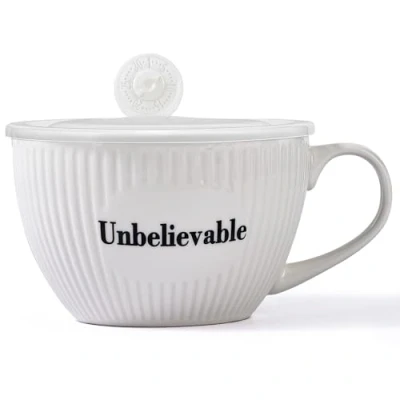 Image of fMSDD Unbelievable Striped Porcelain Mug with Lid, 28 Oz Bowl Handle for Office, Dorm or Home Kitchen, Microwave and Dishwasher Safe,White, MBB SMG06