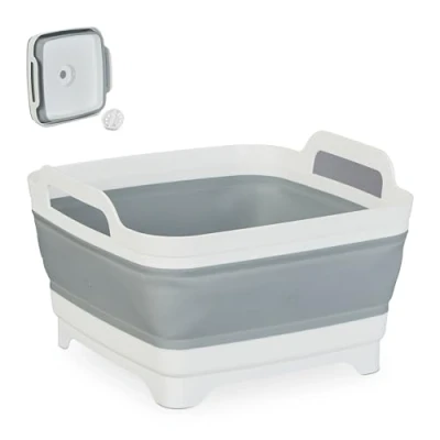 Image of Relaxdays Sink Bowl with Drain, Foldable Washing Up Basket, 9 L, Camping Dishwasher, HxWxD: 20 x 31 cm, White/Grey