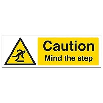 Image of V Safety Caution Mind The Step Sign Landscape 300mm x 100mm 2mm Rigid Plastic