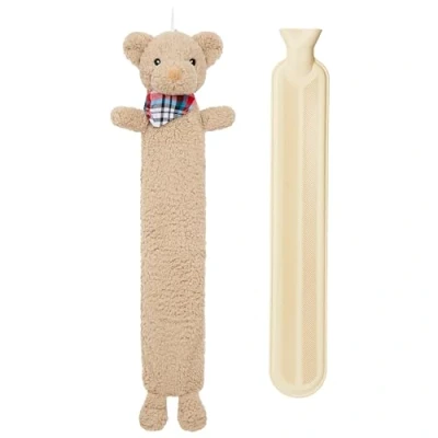 Image of Hot Water Bottle with Animal Fleece Cover 1 or 2 Litre Capacity Natural Rubber Long Plush Cute Cosy Gifts (Teddy Long)